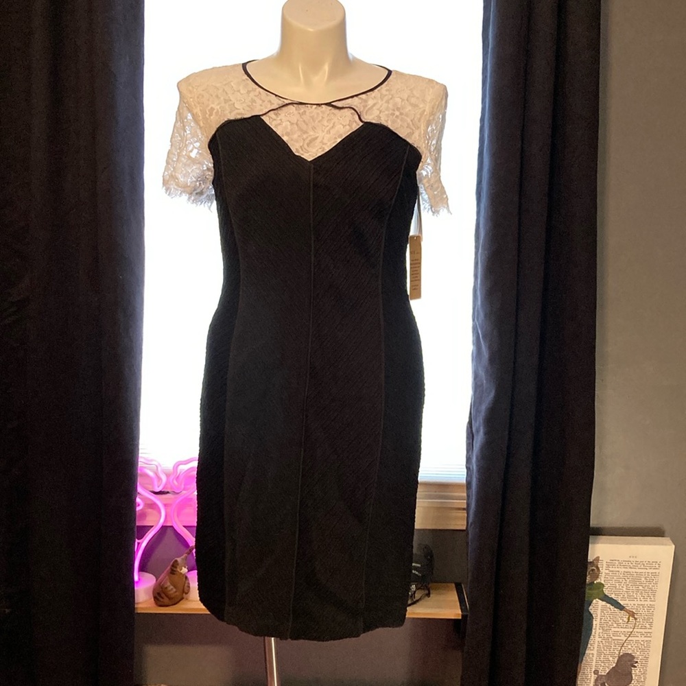 Nue by Shani built in shapewear black bodycon dress with lace shoulders 16 NWT